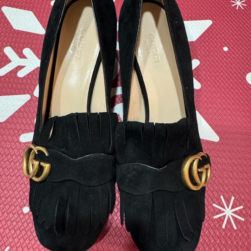 Gucci Black Suede Flats with Gold Emblem
